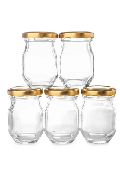 Empty Glass Jars Golden Caps White Background — Stock Photo, Image