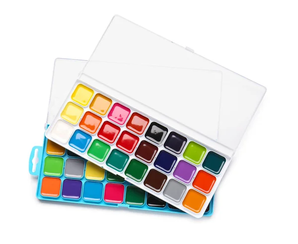 Plastové Krabice Akvarelové Barvy Bílém Pozadí — Stock fotografie