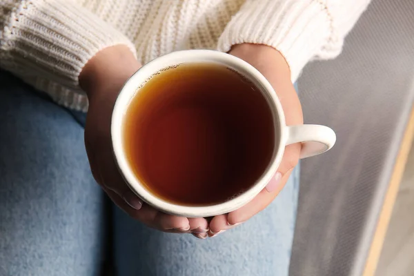 Woman Drinking Tasty Tea Armchair Closeup — Stock Photo, Image