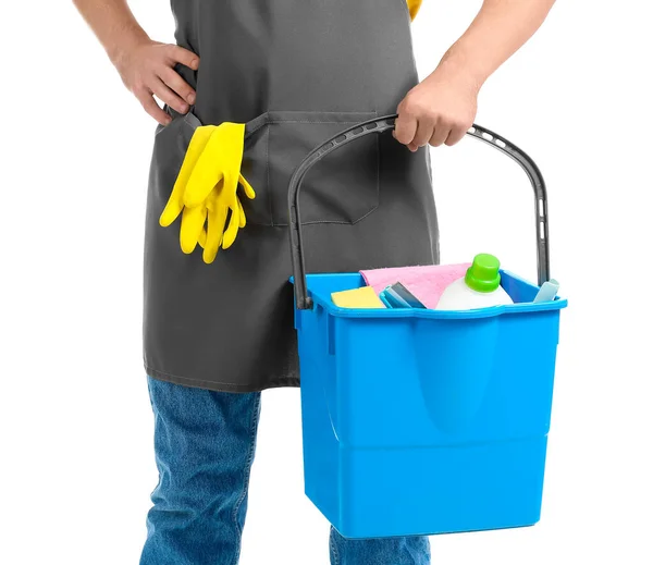 Young Man Cleaning Supplies Isolated White — Stock Photo, Image