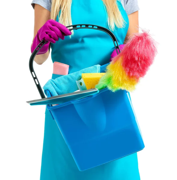 Woman Cleaning Supplies Isolated White — Stock Photo, Image