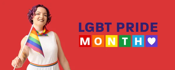 Jovem Com Bandeira Arco Íris Texto Lgbt Pride Month Fundo — Fotografia de Stock