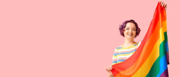 Young Woman Lgbt Flag Pink Background Space Text — Stock Photo, Image