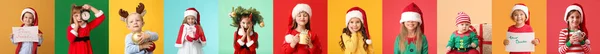 Група Милих Дітей Які Святкують Різдво Кольоровому Фоні — стокове фото