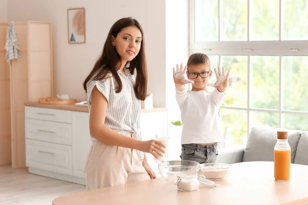 Little Boy His Older Sister Preparing Dough Kitchen — Stock Photo, Image