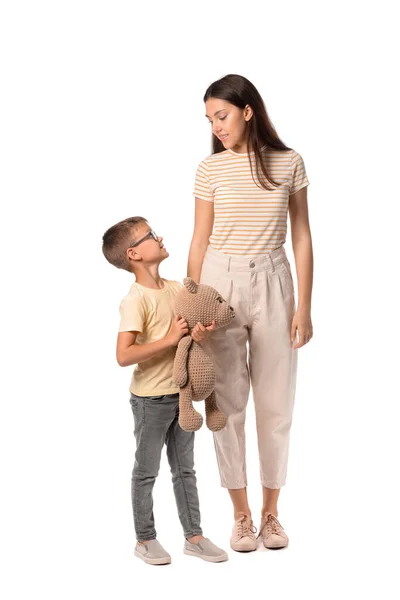 Little Boy Teddy Bear His Older Sister White Background — Stock Photo, Image