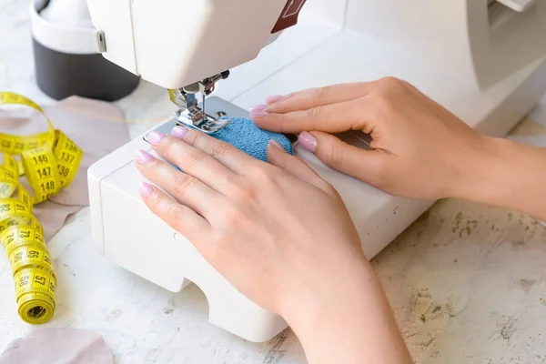 Woman Sewing Reusable Cotton Pad Light Background Closeup — Stock Photo, Image