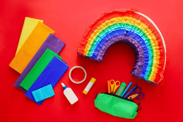 Materials Making Mexican Pinata Shape Rainbow Red Background — Stock Photo, Image