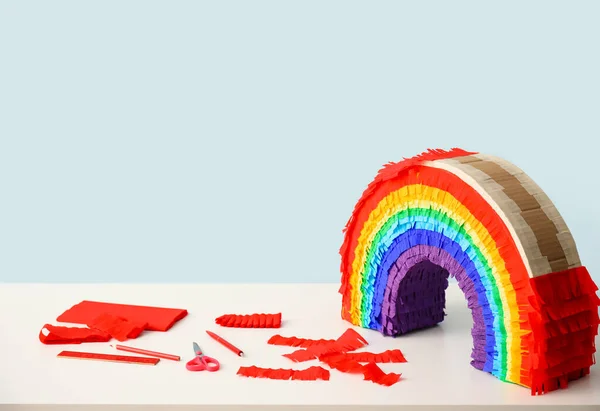 Materials Making Mexican Pinata Shape Rainbow Table Blue Background — 图库照片