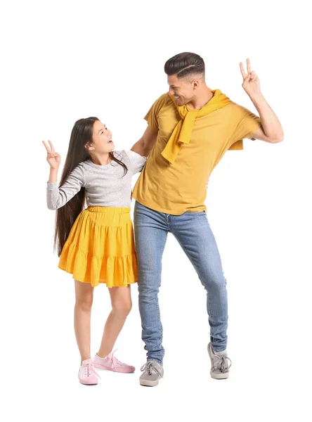 Dancing Man His Little Daughter White Background — Stock Photo, Image