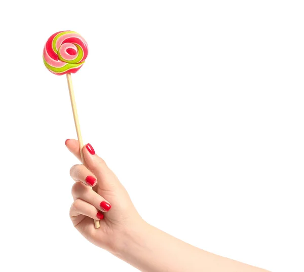 Woman Holding Sweet Lollipop White Background — Stock Photo, Image