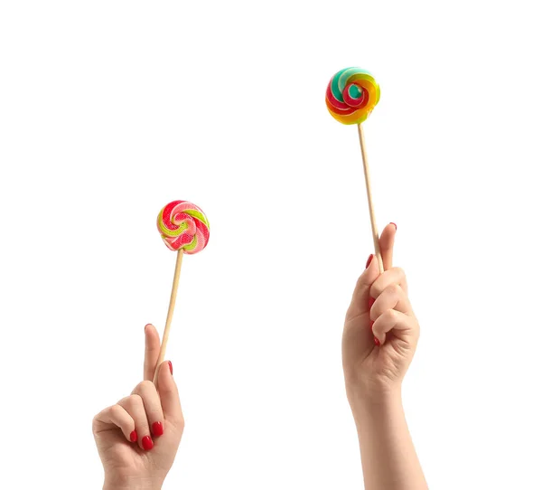 Woman Holding Sweet Lollipops White Background — Stock Photo, Image