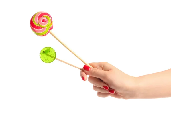 Woman Holding Sweet Lollipops White Background — Stock Photo, Image