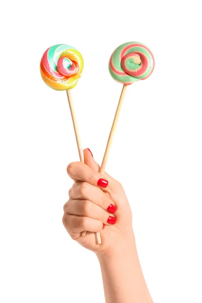 Woman Holding Sweet Lollipops White Background — Stock Photo, Image