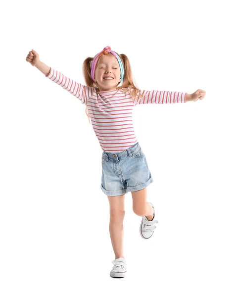 Мила Маленька Дівчинка Смугастій Рукаві Танцює Білому Тлі — стокове фото