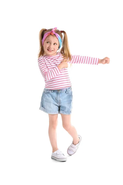 Cute Little Girl Paski Longsleeve Taniec Białym Tle — Zdjęcie stockowe