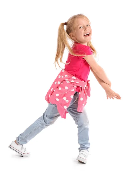 Cute Little Girl Pink Shirt Dancing White Background — Stock Photo, Image