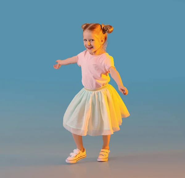 Dancing Little Girl Skirt Blue Background — Stock Photo, Image