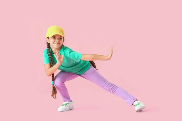 Cute Little Girl Cap Dancing Pink Background — Stock Photo, Image