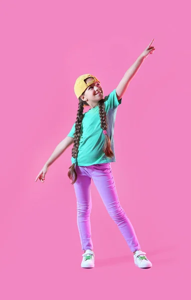 Cute Little Girl Cap Dancing Pink Background — Stock Photo, Image