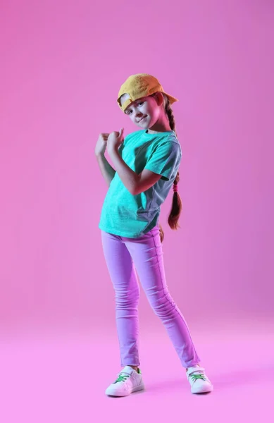 Cute Little Girl Cap Dancing Violet Background — Stock Photo, Image