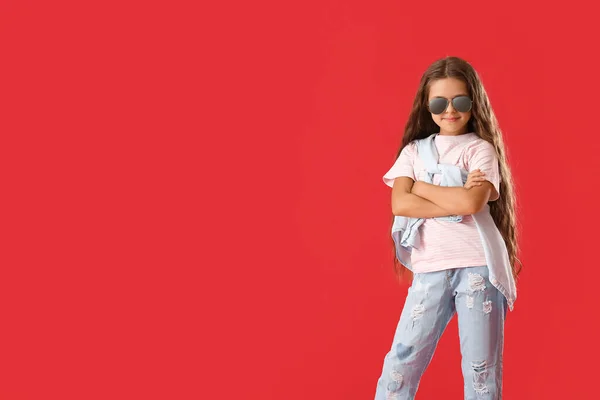 Cute Little Girl Sunglasses Red Background — Stock Photo, Image