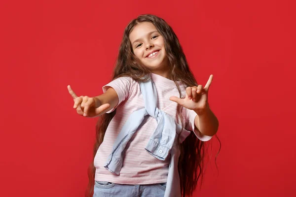 Stylish Little Girl Dancing Red Background — Stock Photo, Image