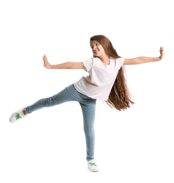 Schattig Klein Meisje Shirt Dansen Witte Achtergrond — Stockfoto