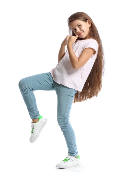 Schattig Klein Meisje Shirt Dansen Witte Achtergrond — Stockfoto