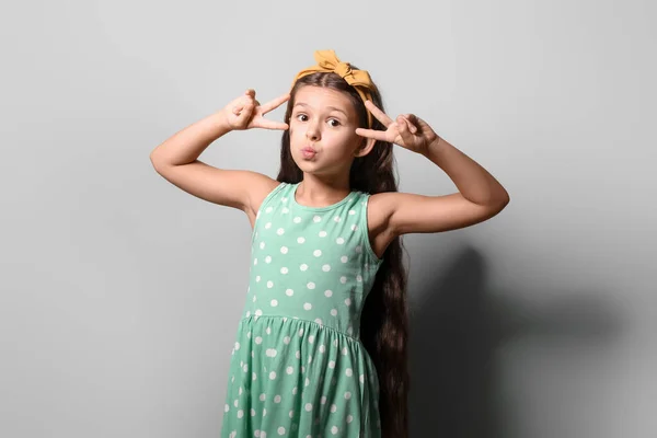 Cute Little Girl Green Dress Dancing Light Background — Stock Photo, Image