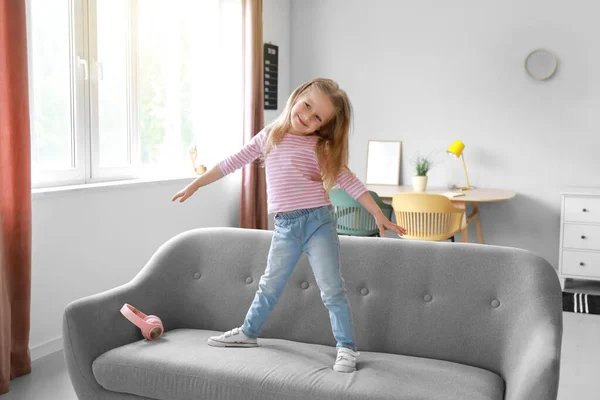 Cute Little Girl Dancing Sofa Home — Stock Photo, Image