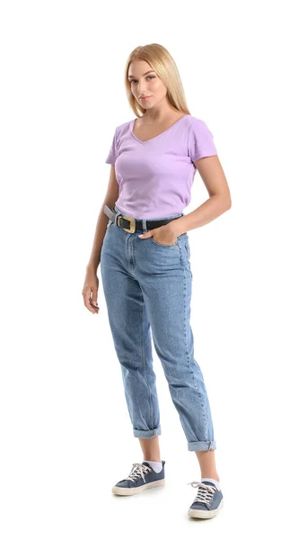 Modieuze Jonge Vrouw Stijlvolle Jeans Witte Achtergrond — Stockfoto