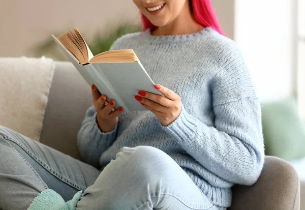 Beautiful Woman Blue Sweater Reading Book Sofa Home — Stock Photo, Image