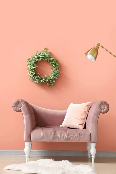 Stylish Comfortable Armchair Mistletoe Wreath Lamp Interior Room — Stock Photo, Image