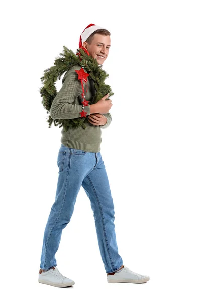 Going Young Man Christmas Wreath White Background — Stock Photo, Image