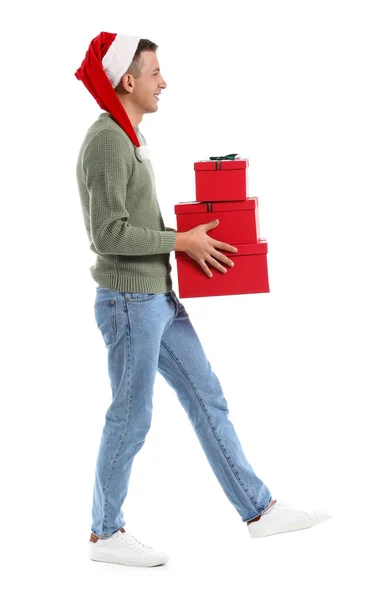 Yendo Joven Con Regalos Navidad Sobre Fondo Blanco — Foto de Stock