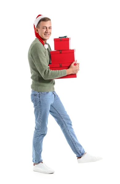 Going Young Man Christmas Gifts White Background — Stock Photo, Image