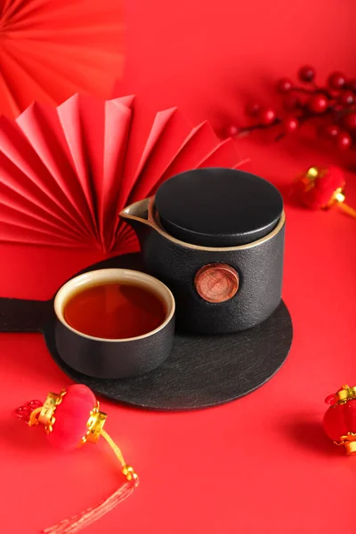 Chá Chinês Saboroso Fundo Cor — Fotografia de Stock