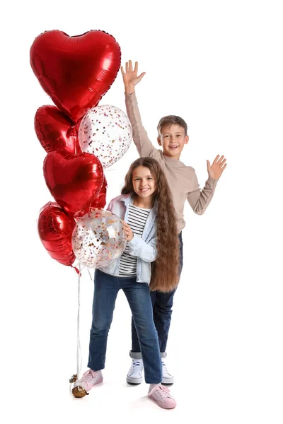 Glada Barn Med Ballonger Vit Bakgrund Alla Hjärtans Dag Firande — Stockfoto