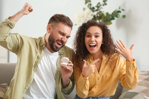 Happy Young Engaged Couple Home — Stock Photo, Image