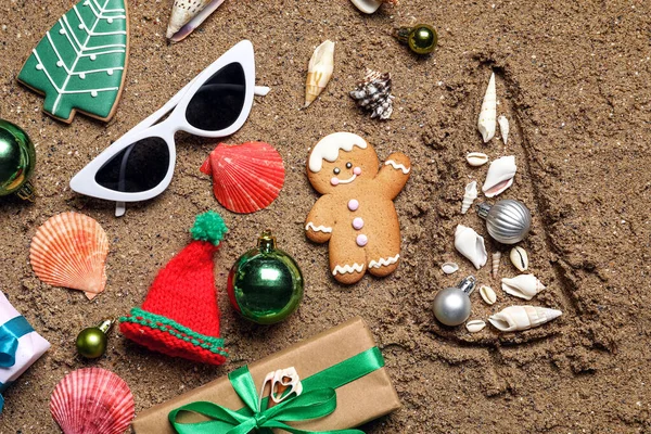Creative Christmas Composition Beach Sand — Stock Photo, Image