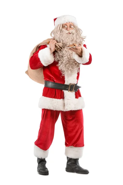 Kerstman Holding Plaat Met Koekjes Tas Witte Achtergrond — Stockfoto