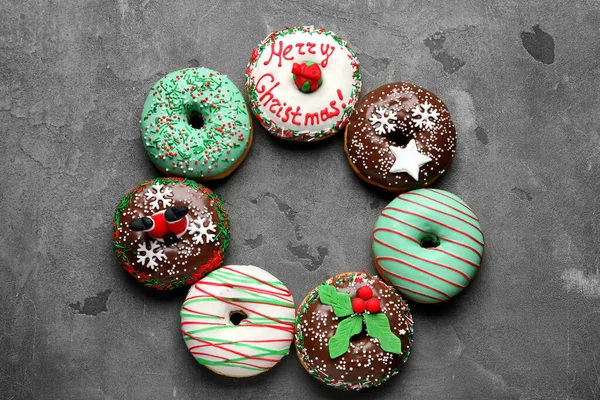 Frame Made Tasty Christmas Donuts Grey Background — Stock Photo, Image