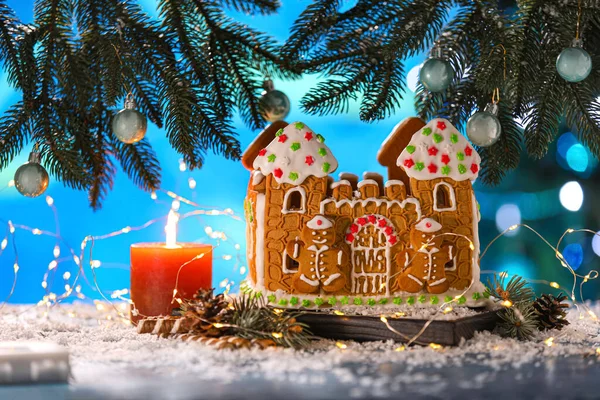 Christmas Decor Gingerbread House Table Blurred Background — Stock Photo, Image