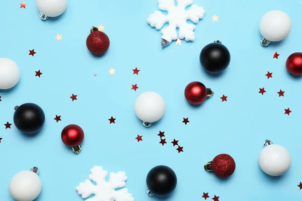 Beautiful Christmas Decorations Confetti Blue Background — Stock Photo, Image