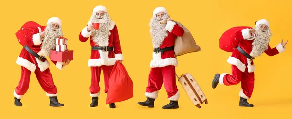 Collage Von Weihnachtsmann Auf Gelbem Hintergrund — Stockfoto