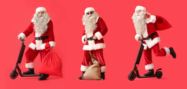 Collage Santa Claus Con Bolsa Scooter Eléctrico Sobre Fondo Rojo — Foto de Stock