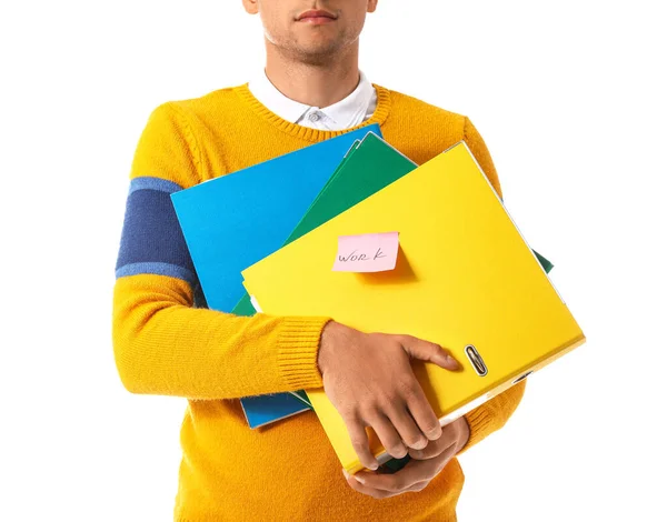 Young Man Folders White Background — Stock Photo, Image