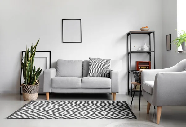Interior Light Living Room Blank Frames Sofa Armchair — Stock Photo, Image
