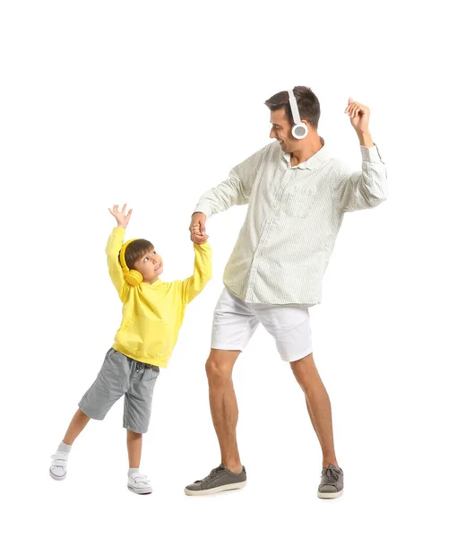 Man His Little Son Dancing Listening Music White Background — Stock Photo, Image